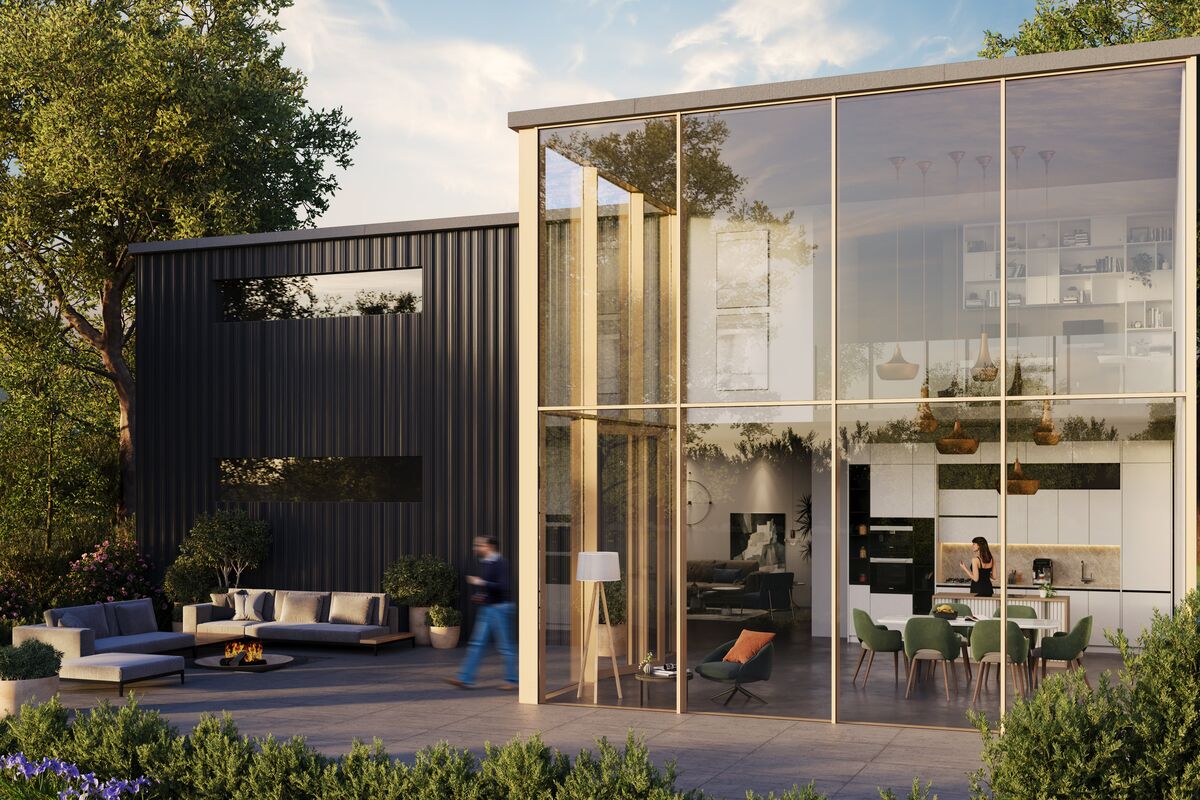 Architectural render of modern private home with floor-to-ceiling glass facades.